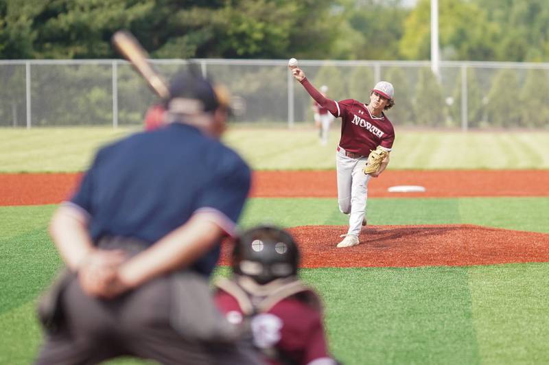 Plainfield North's Joe Guiliano (7) delivers a pitch against Yorkville during a baseball game at Yorkville High School in Yorkville on Thursday, May 16, 2024.