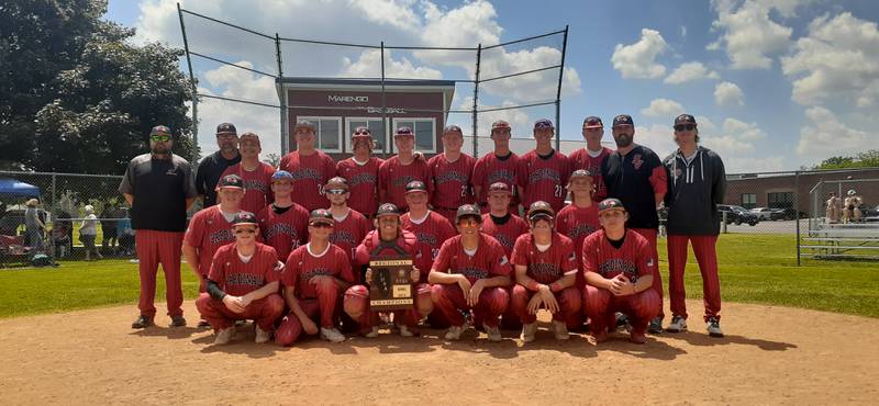 No. 4 seed Stillman Valley poses with the Class 2A Marengo Regional title plaque, after upsetting No. 1 seed Marengo, 11-4.