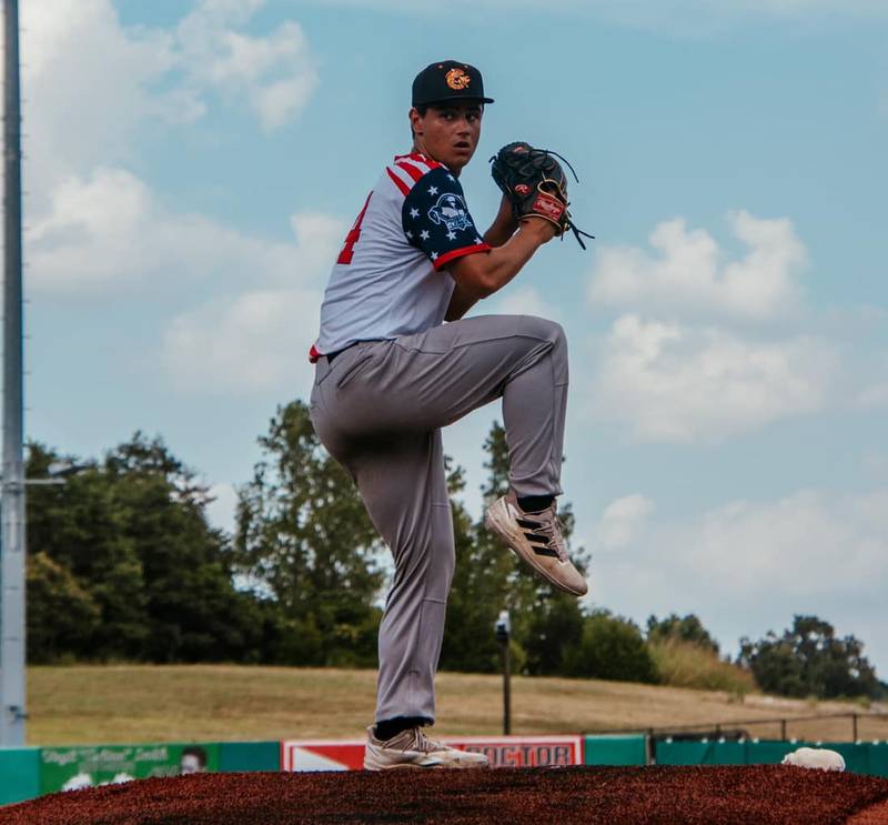 Payton Knoll pitches during the Illinois Valley Pistol Shrimp's 7-5 victory over the Thrillville Thrillbillies on Thursday, July 4, 2024 in Marion, Ill.