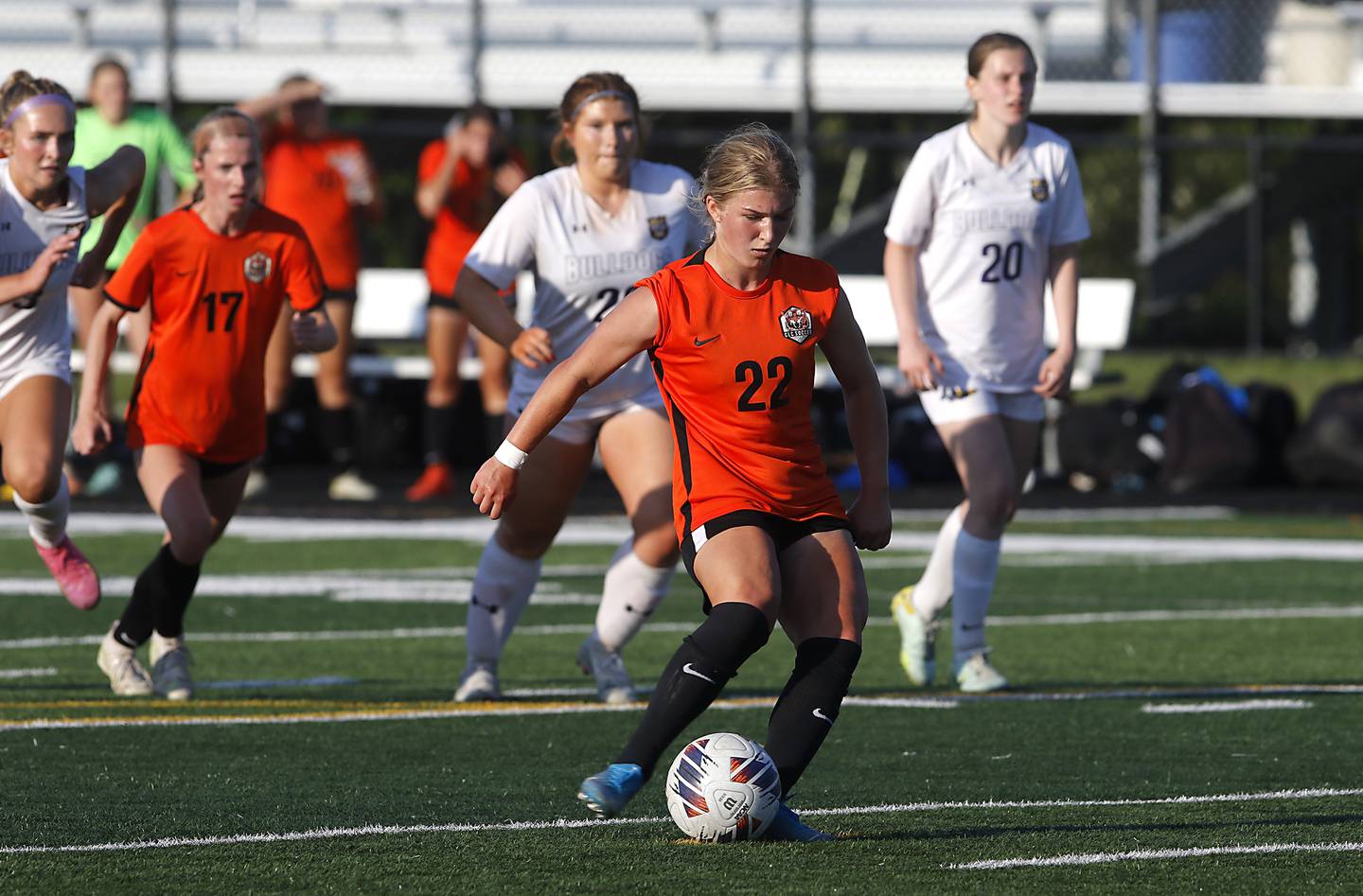 Crystal Lake Central's Olivia Anderson takes  penalty kick during the IHSA Class 2A Grayslake North Regional championship soccer match against Wauconda on Friday, May 17, 2024, at Grayslake North High School.