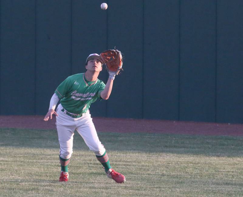 L-P's Alex Galindo makes a catch in right field against Ottawa at Huby Sarver Field inside the L-P Athletic Complex on Tuesday, April 23, 2024 in La Salle.