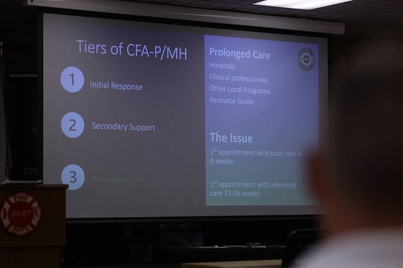 A slide show highlights care for citizens involved in traumatizing events during a Crisis First Aid refresher course for the Joliet Fire Department Station One crew on Wednesday, July 12th, 2023 in Joliet.