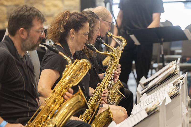 Rock River Jazz Band members play a selection of Louie Bellson-inspired music Saturday, June 8, 2024 in Rock Falls. Part of Bellson Fest was moved indoors after rain started to dampen the fun.