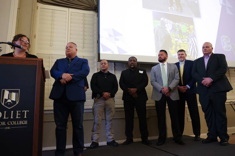 Superintendent Dr. Karla Guseman recognizes the Joliet Police Department with the 2024 Superintendent’s Medallion ath the Joliet Township High School’s annual Salute To Service Partnership Recognition dinner on Tuesday, April 9, 2024 in Joliet.