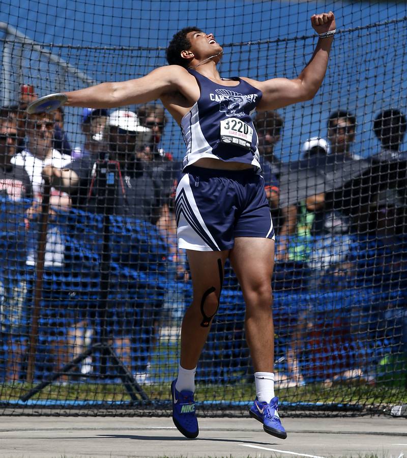 Cary-Grove’s Reece Ihenacho throws the discus during the IHSA Class 3A Boys State Track and Field Championship meet on Saturday, May 25, 2024, at Eastern Illinois University in Charleston.