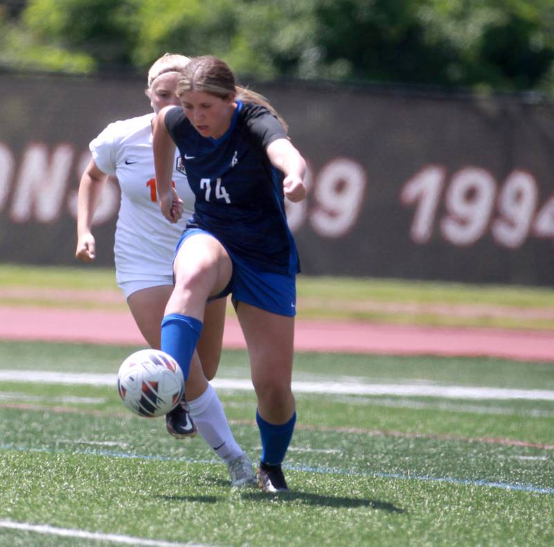 Burlington Central’s Alison Kowall goes after the ball during the Class 2A state semifinal game against Crystal Lake Central at North Central College in Naperville on Friday, May 31, 2024.