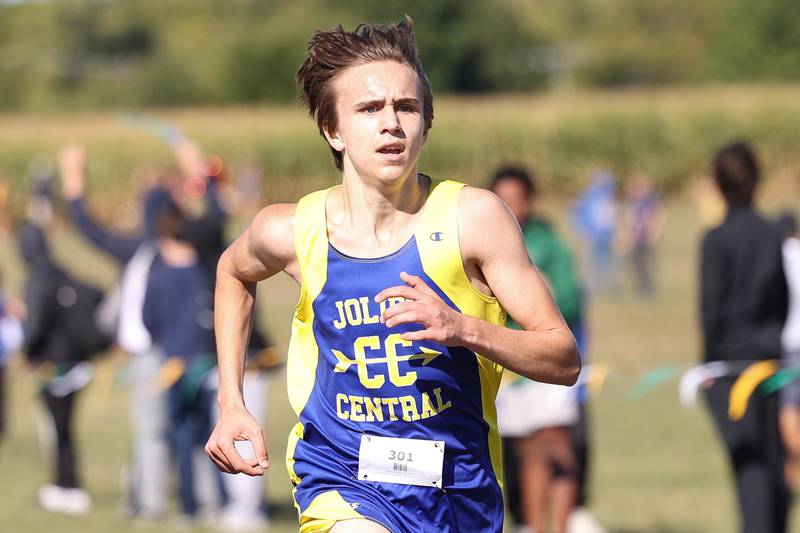 Joliet Central’s Nathaiel Gabriel finishes second at Plainfield Central’s cross country meet on Saturday, Sept. 7, 2024 in Plainfield.