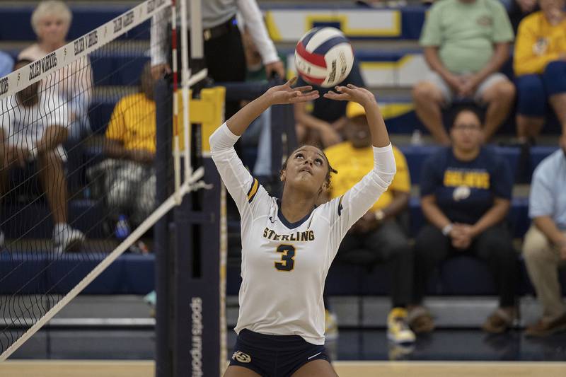 Sterling’s Delali Amankwa sets the ball Tuesday, Sept. 10, 2024, against Moline.