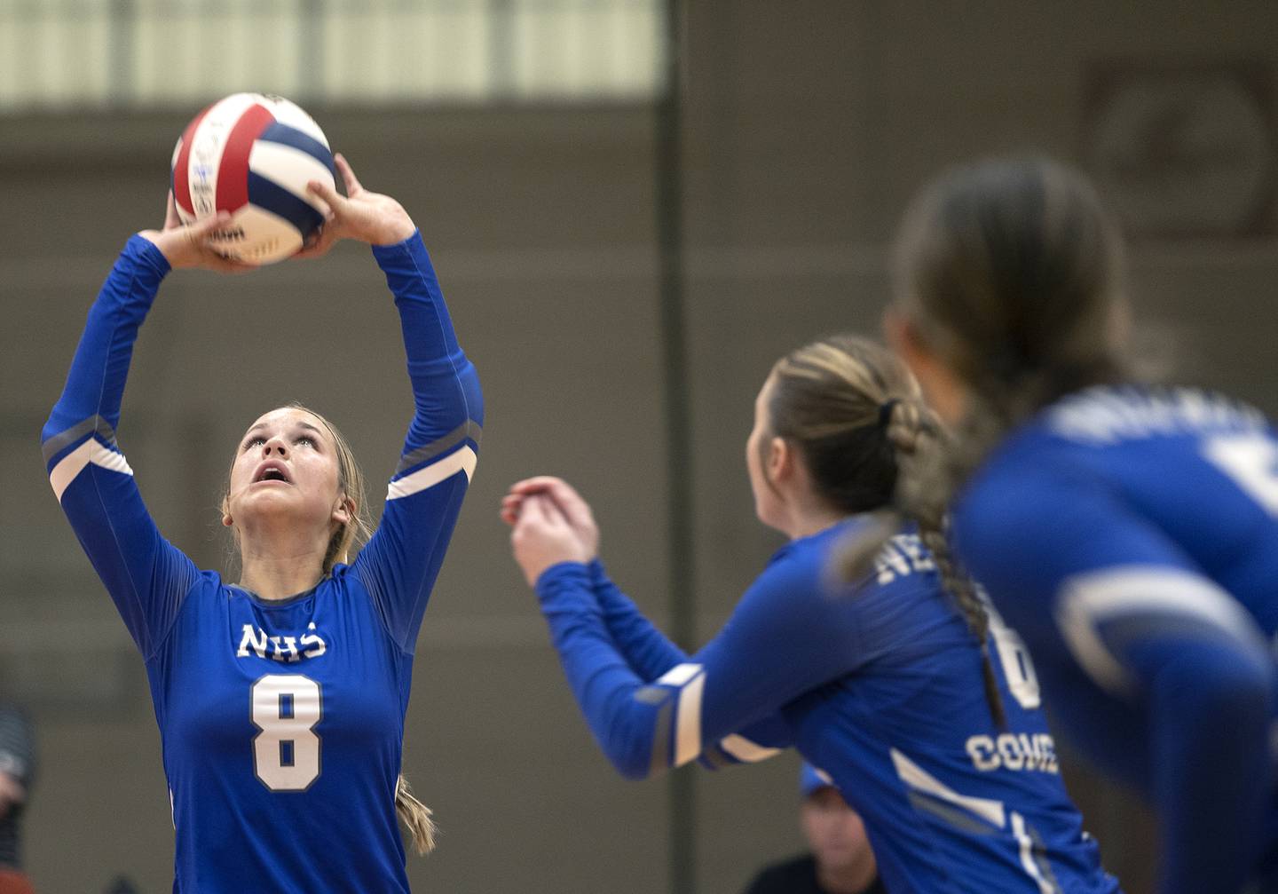 Newman’s Brooklyn Smith sets the ball against Oregon Thursday, Sept. 12, 2024, at the Blackhawk Center in Oregon.