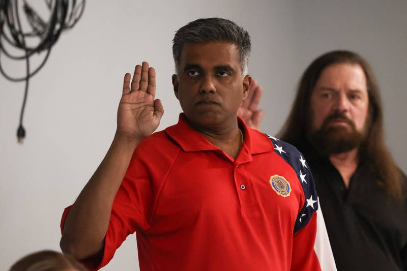 Raj Pallai is sworn in as President of the Veterans Assistance Commission at the VFW Malcom J. Mayo Post 5422 in Wilmington on Tuesday, June 13, 2023.