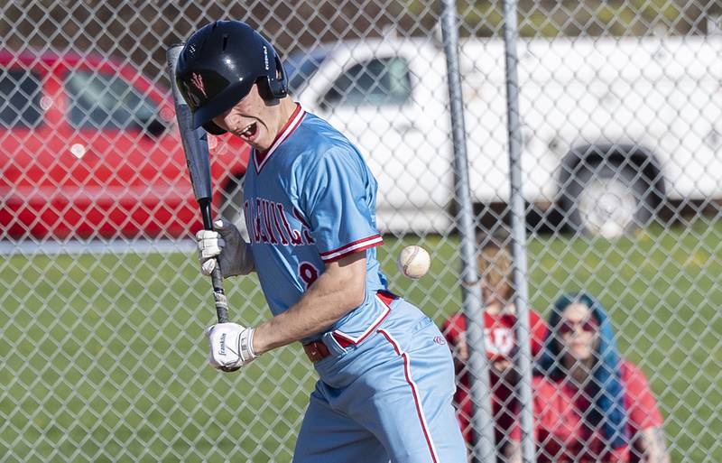 Hall’s Braden Curran gets hit by a pitch against Newman Monday, April 15, 2024 at Newman High School.