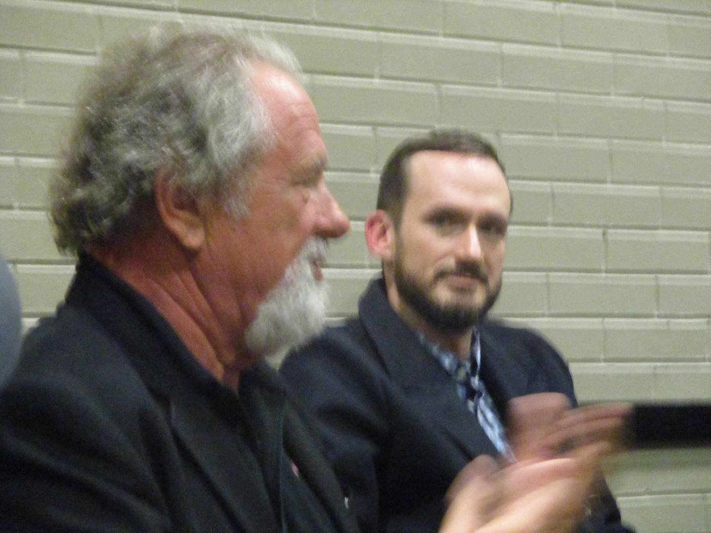 Mike Veeck (left) and his son, William Night Train Veeck, make a presentation Monday  to the Joliet City Council Stadium Committee on their plans as future owners of the Joliet Slammers. Nov. 6, 2023.