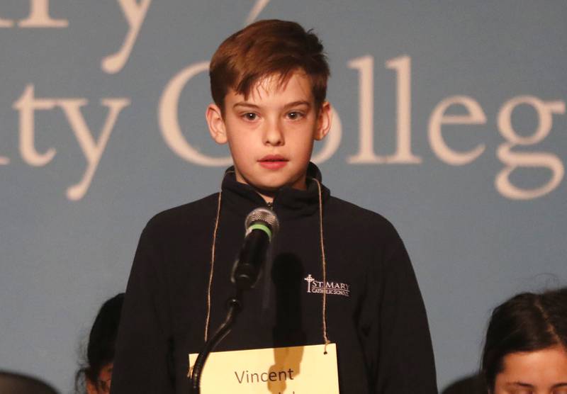 Vincent Brendel of St. Mary Catholic School in Woodstock competes in the McHenry County Regional Office of Education's 2023 spelling bee Wednesday, March 22, 2023, at McHenry County College's Luecht Auditorium in Crystal Lake.