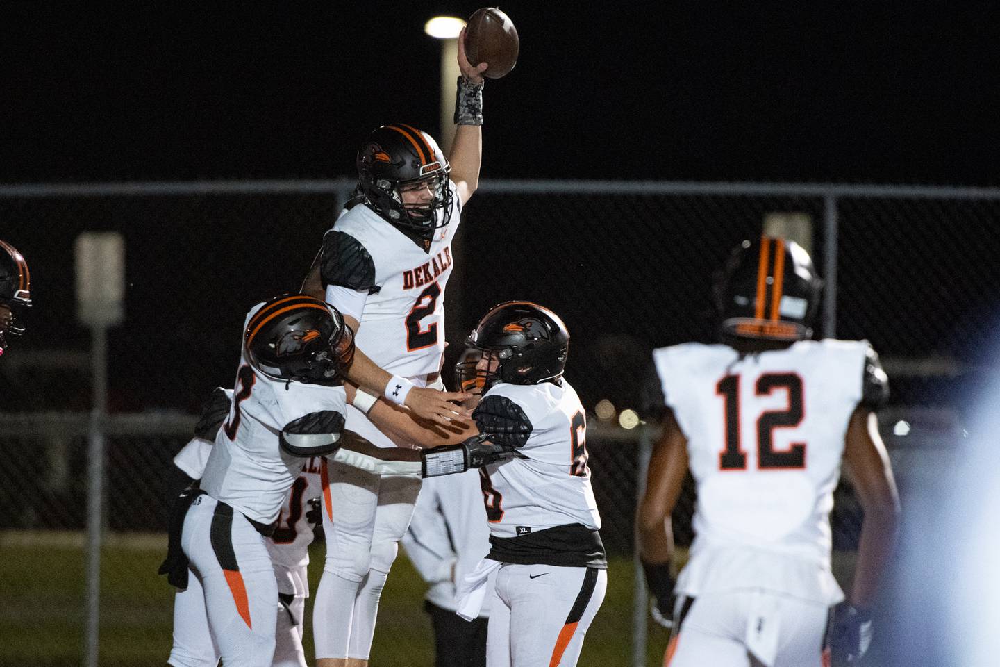 Dekalb's Cole Latimer celebrates after running in a touchdown during a game against Plainfield South Friday Sept. 6, 2024 at Plainfield South High School