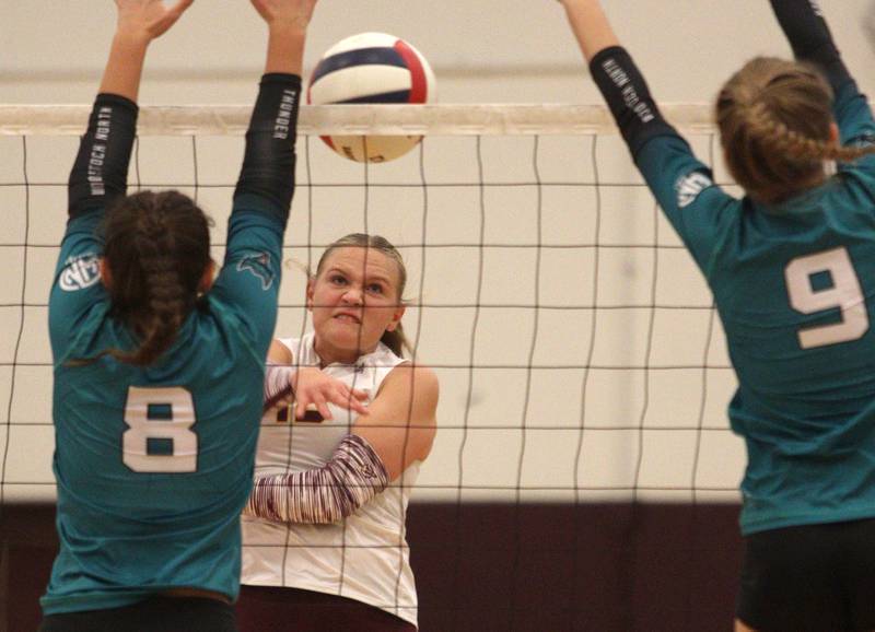 Richmond-Burton’s Zoe Freund sends the ball over the net against Woodstock North in varsity volleyball on Monday, Sept. 16, 2024, at Richmond-Burton High School in Richmond.