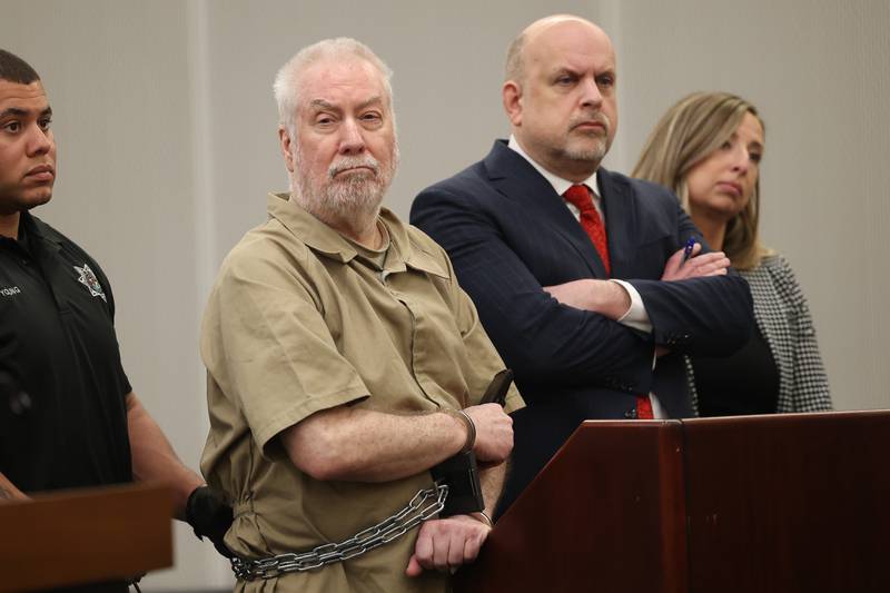 Drew Peterson stands with his attorney’s Jason Strzelecki and Samantha Kerins during his hearing at the Will County courthouse on Monday, April 1, 2024 in Joliet.