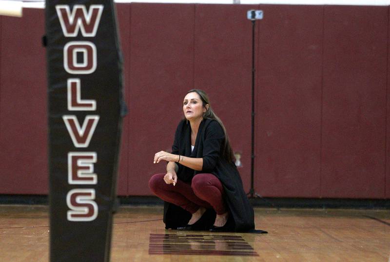 Prairie Ridge’s Head Coach Hilary Agnello guides the Wolves against Crystal Lake South in varsity girls volleyball on Thursday, Aug. 29, 2024, at Prairie Ridge High School in Crystal Lake.