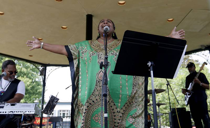 Gospel singer Darlene Benton sings during McHenry County’s first Juneteenth celebration on Saturday, June 17, 2023, at the Historic Woodstock Square. The Juneteenth festival featured McHenry County College  graduate Rodney Katushabe and Pastor Norval Brown of the Cary United Methodist Church, along with music from gospel singer Darlene Benton and jazz musician Ken Davis.