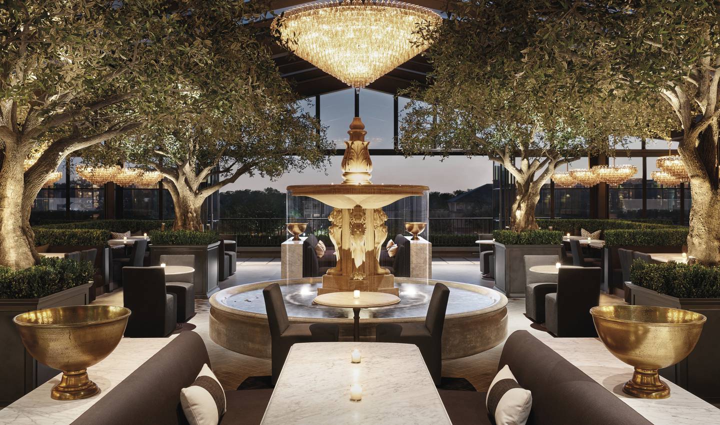 This upscale restaurant is on the third floor of RH Oak Brook, a 60,000-square foot retail design gallery. Guests will dine among trickling fountains, chandeliers and olive trees in a year-round skylit garden.