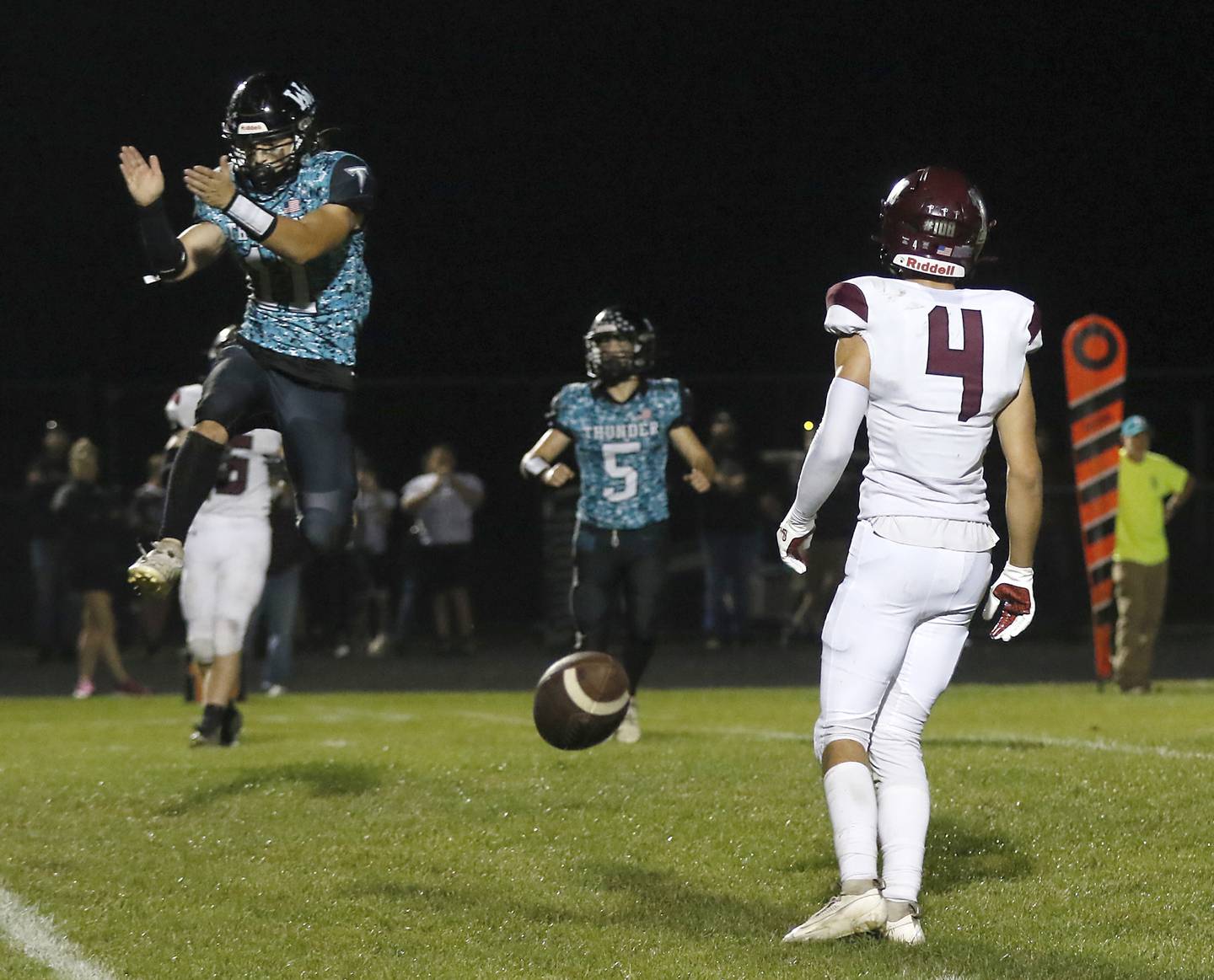 Woodstock North's George Kingos celebrates as the pass intended for Marengo's Parker Mandelky falls to the ground cementing Woodstock North 20-14 win over Marengo in a Kishwaukee River Conference football game on Friday, Sept. 13, 2024, at Woodstock North High School.