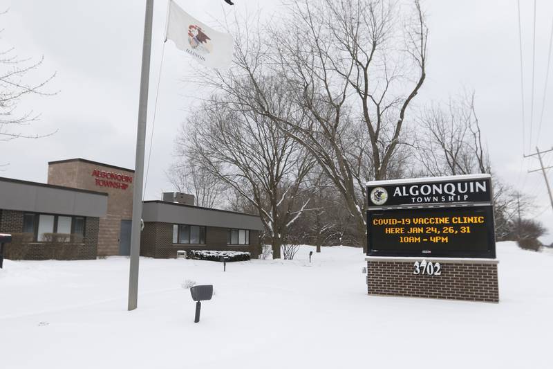Algonquin Township advertises their Covid-19 vaccination clinic Monday, Jan. 24, 2022, at the Algonquin Township office, 3702 Route 14 in Crystal Lake. The clinic was put on by the township to help people get they vaccine, after the Omicron variant made getting shots at other locations harder. Illinois