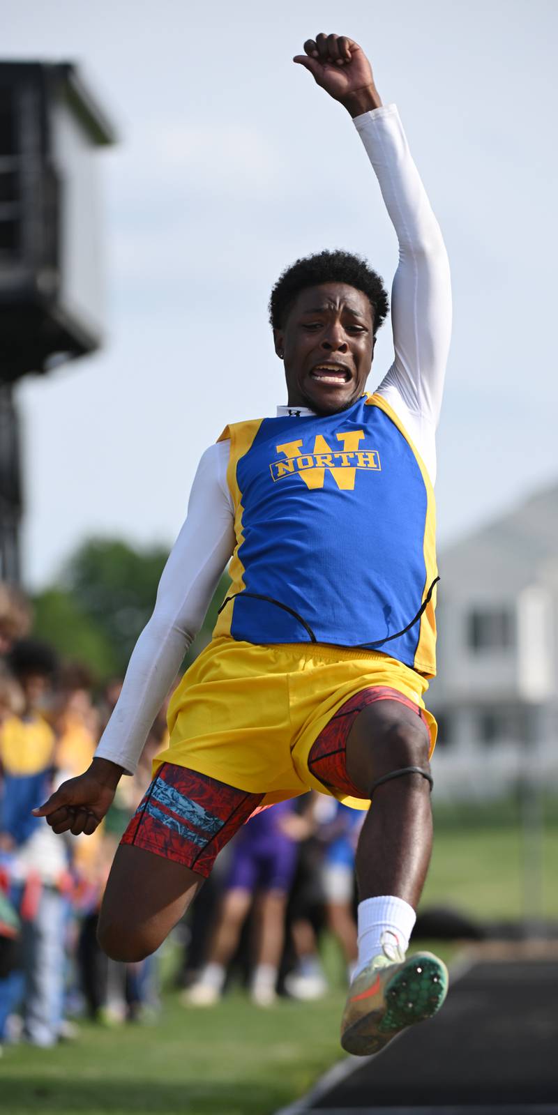 Wheaton North’s Printess Wynn competes in long jump during the Class 3A Glenbard North boys track and field sectional on Thursday, May 16, 2024 in Carol Stream.