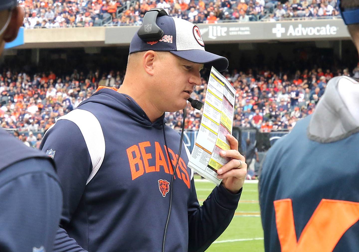 Chicago Bears offensive coordinator Luke Getsy calls a play during the Bears a 23-20 win over the Houston Texans Sunday, Sept. 25, 2022, at Soldier Field in Chicago.