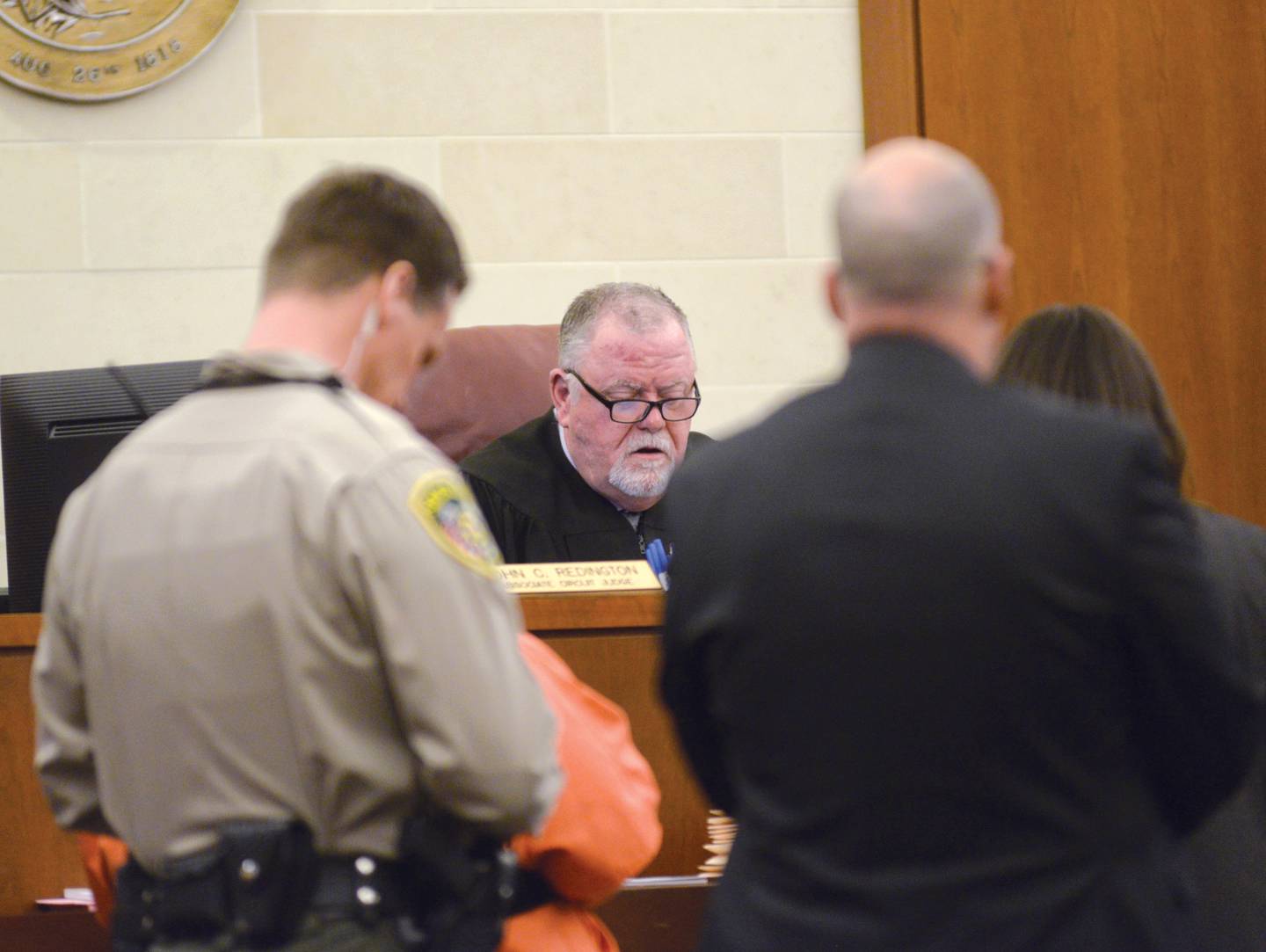 Ogle County judge John Redington (center) presided over a hearing for Sarah Safranek on Wednesday, Feb. 28, 2024. Safranek is accused of killing her 7-year-old son, Nathaniel, in 2021.