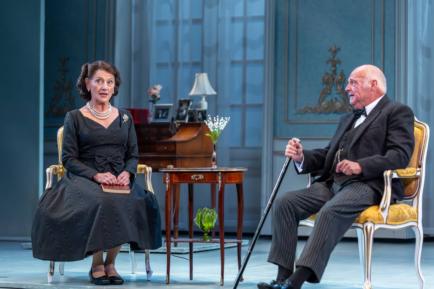 Janet Ulrich Brooks as Queen Elizabeth II and Matt DeCaro as Winston Churchill in "The Audience" at Drury Lane Theatre in Oakbrook Terrace in 2024.