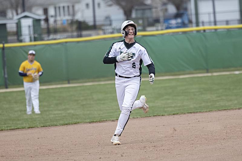 Rock Falls’ Colby Ward celebrates a solo home run against Sterling Friday, March 29, 2024 at Rock Falls High School.