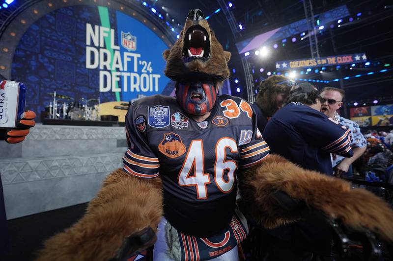 A Chicago Bears fan attends the first round of the NFL football draft, Thursday, April 25, 2024, in Detroit.