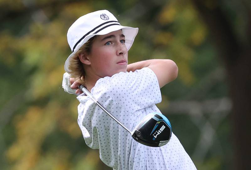 Burlington Central’s Tyler Samaan tees off on the third hole Monday, Sept. 16, 2024, during the Mark Rolfing Cup at the Kishwaukee Country Club in DeKalb.