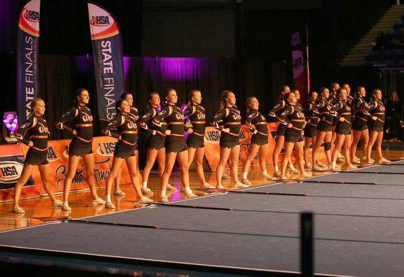 Members of the Lincoln-Way West High School cheer team perform during the IHSA Cheer State Finals in Grossinger Motors Arena on Saturday, Feb. 4, 2023 in Bloomington.