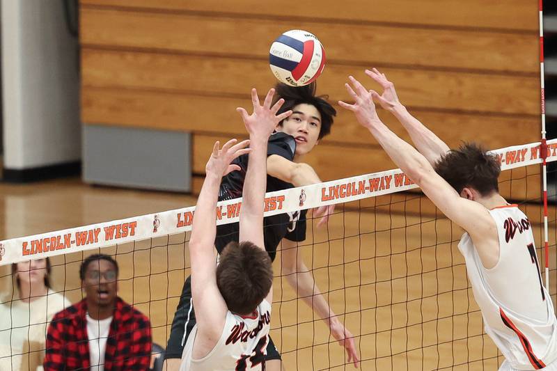 Plainfield North’s Chris Mactal shot over the reach of Lincoln-Way West’s defenders on Monday, March 18, 2024 in New Lenox.