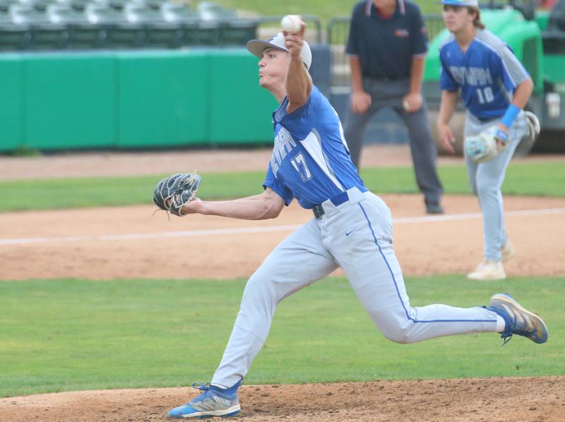 Newman pitcher Brendan Tunink lets go of a pitch against Wilmington during the Class 2A third place game on Saturday, June 1, 2024 at Dozer Park in Peoria.