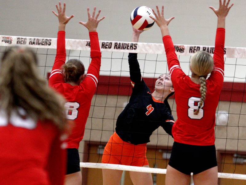 Crystal Lake Central’s Martina Tam sends the ball over the netduring a Fox Valley Conference volleyball match on Tuesday, Aug. 27, 2024, at Huntley High School.