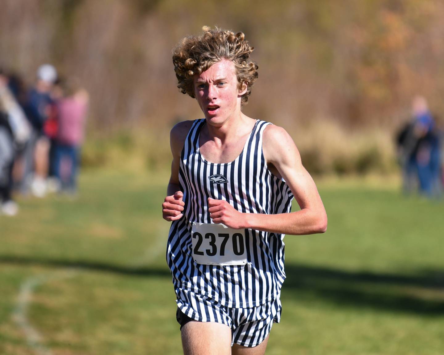 Dylan Maloney of Plainfield South runs 14:27.30 during the Southwest Prairie Conference meet on Friday Oct. 18, 2024, held at Channahon Community Park in Channahon that let him to a first place finish.