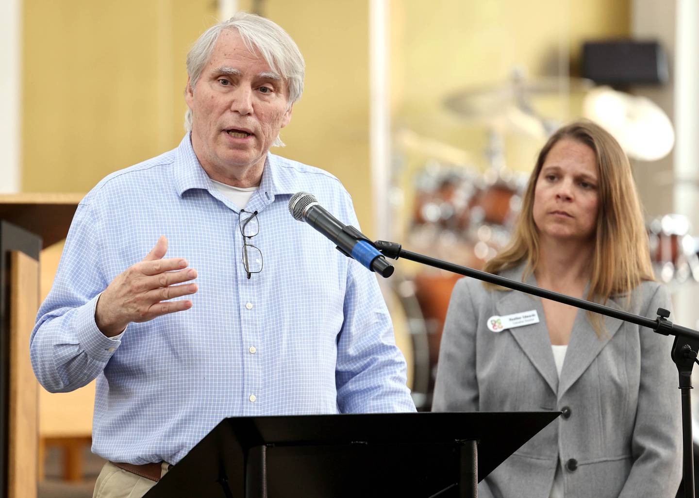 DeKalb County Community Gardens Founder Dan Kenney, along with executive director Heather Edwards, discuss their proposal during the informational meeting Thursday, May 18, 2023, at New Hope Missionary Baptist Church in DeKalb. The meeting centered on the the proposed plans for the vacant lot on the corner of Blackhawk Road and Hillcrest Drive in DeKalb.