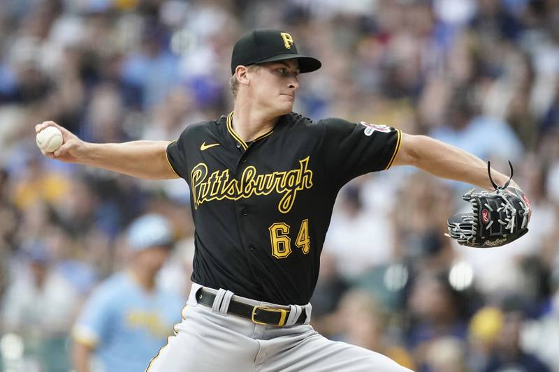 Pittsburgh Pirates' Quinn Priester pitches during the first inning against the Milwaukee Brewers, Friday, Aug. 4, 2023, in Milwaukee.