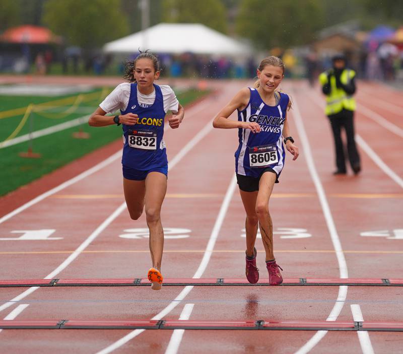 Geneva’s Sofia Borter beats Wheaton North’s Emily Offutt by a fraction of a second to secure a second place finish Borter’s time was 18:10.8 Offunt finished at 18:10.9 during the Dukane Conference Cross Country Championships at Lake Park High School in Roselle on Saturday, Oct. 14, 2023.