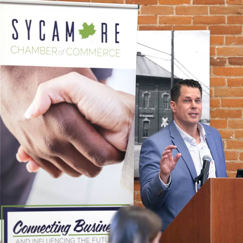 Brian Gregory, DeKalb County administrator, speaks Wednesday, May 1, 2024, at the Sycamore Chamber of Commerce State of the Community Address in the DeKalb County Community Foundation Freight Room.