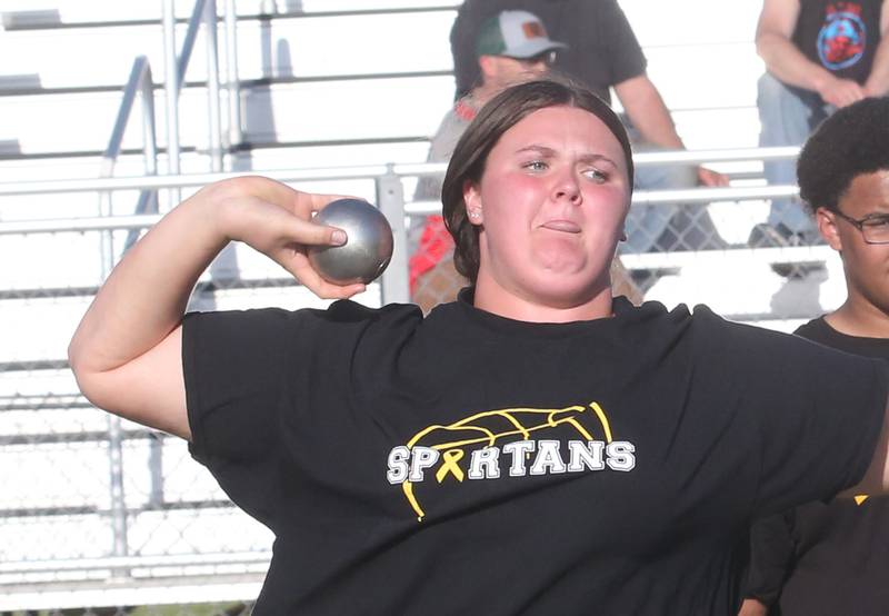 Sycamore's Kennah Butler competes in the shot put during the Interstate 8 conference track meet on Friday, May 3, 2024 at the L-P Athletic Complex in La Salle.