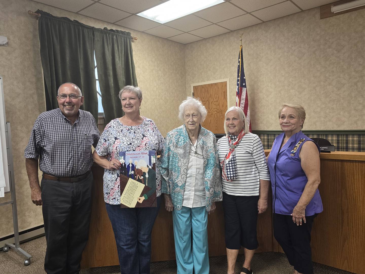 Princeton Mayor Ray Mabry poses for a photo Monday, Sept. 16, 2024, with Daughters of the American Revolution (from left) Gayle Little, Agnes Ross, Juanita Tarrence and Nancy Gartner.