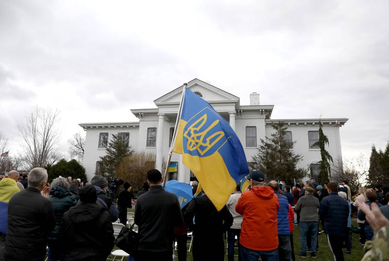 Together, representatives from the City of Elmhurst, Elmhurst District 205, Elmhurst Park District, Elmhurst Public Library and Elmhurst University gathered with community members at Wilder Park in Elmhurst to show support for the people of Ukraine on Wednesday, April 6, 2022.