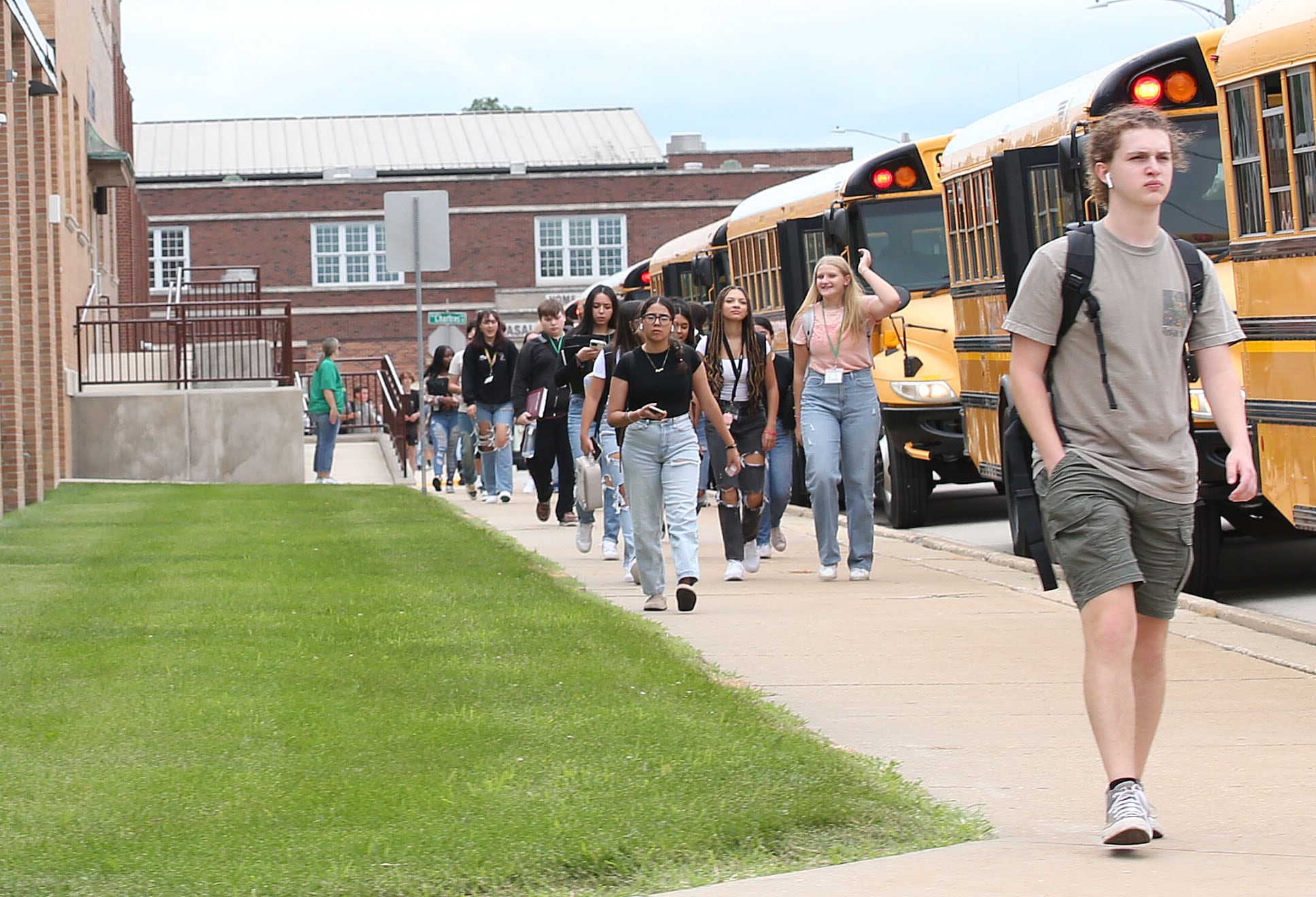 Students exit La Salle-Peru Township High School on Friday, Aug. 9, 2024. Today was the first day of school.