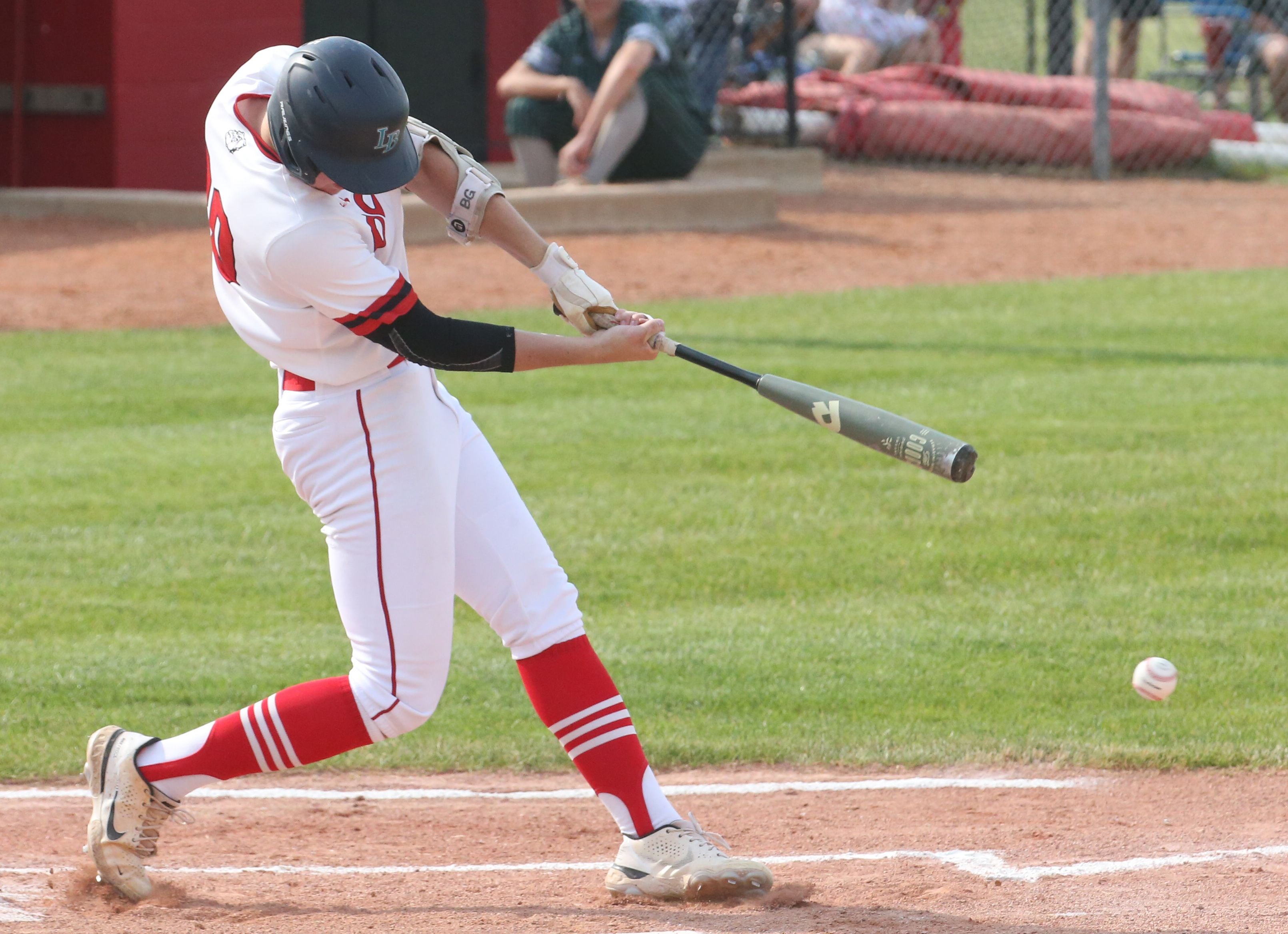 Streator's Brady Grabowski singles through the left side against Peoria Richwoods during a Class 3A Metamora Sectional semifinal Wednesday, May 31, 2023, at Metamora High School. 