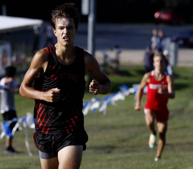 Crystal Lake Central’s Karson Hollander cruises to the finish line during the boys race of the McHenry County Cross Country Meet Saturday, August 27, 2022, at Emricson Park in Woodstock.