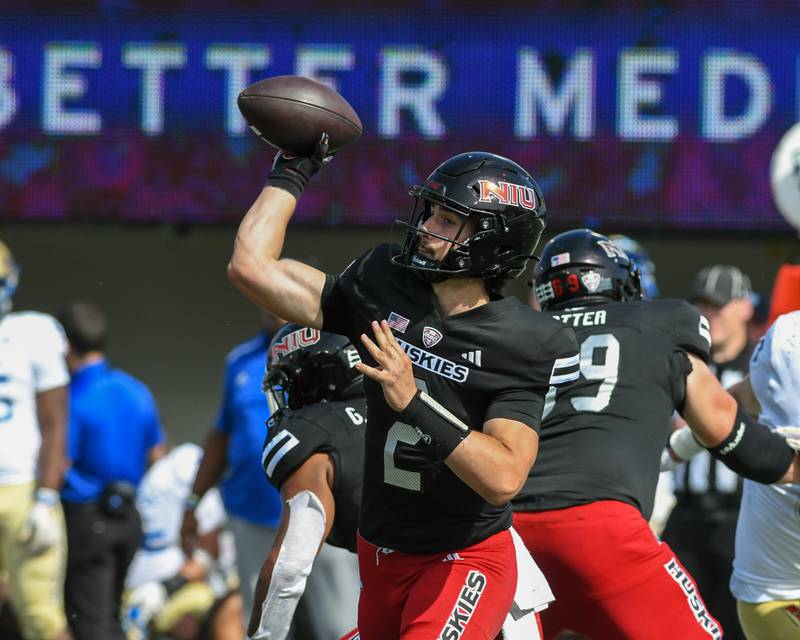 Northern Illinois University quarterback Ethan Hampton passes the ball late in the second quarter on Saturday Sep. 23, 2023, while taking on Tulsa University in DeKalb.