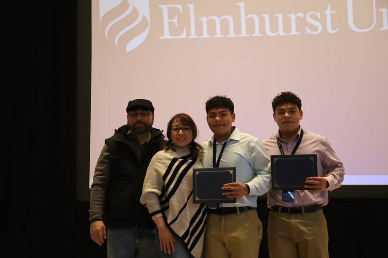 Ella Boyden: Pictured (from left) are Elmhurst University Vice President for Admission Christine Grenier, Ella Boyden and her mother, Roxana Boyden, and President Troy D. VanAken.