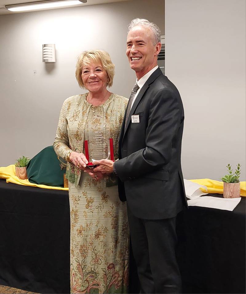 Starved Rock Country Community Foundation co-founder Pamela Beckett was awarded the foundation's first lifetime achievement award Thursday, May 2, 2024, by the foundation's president and CEO Fran Brolley during a Giving Day breakfast at Jeremiah Joe in Ottawa.